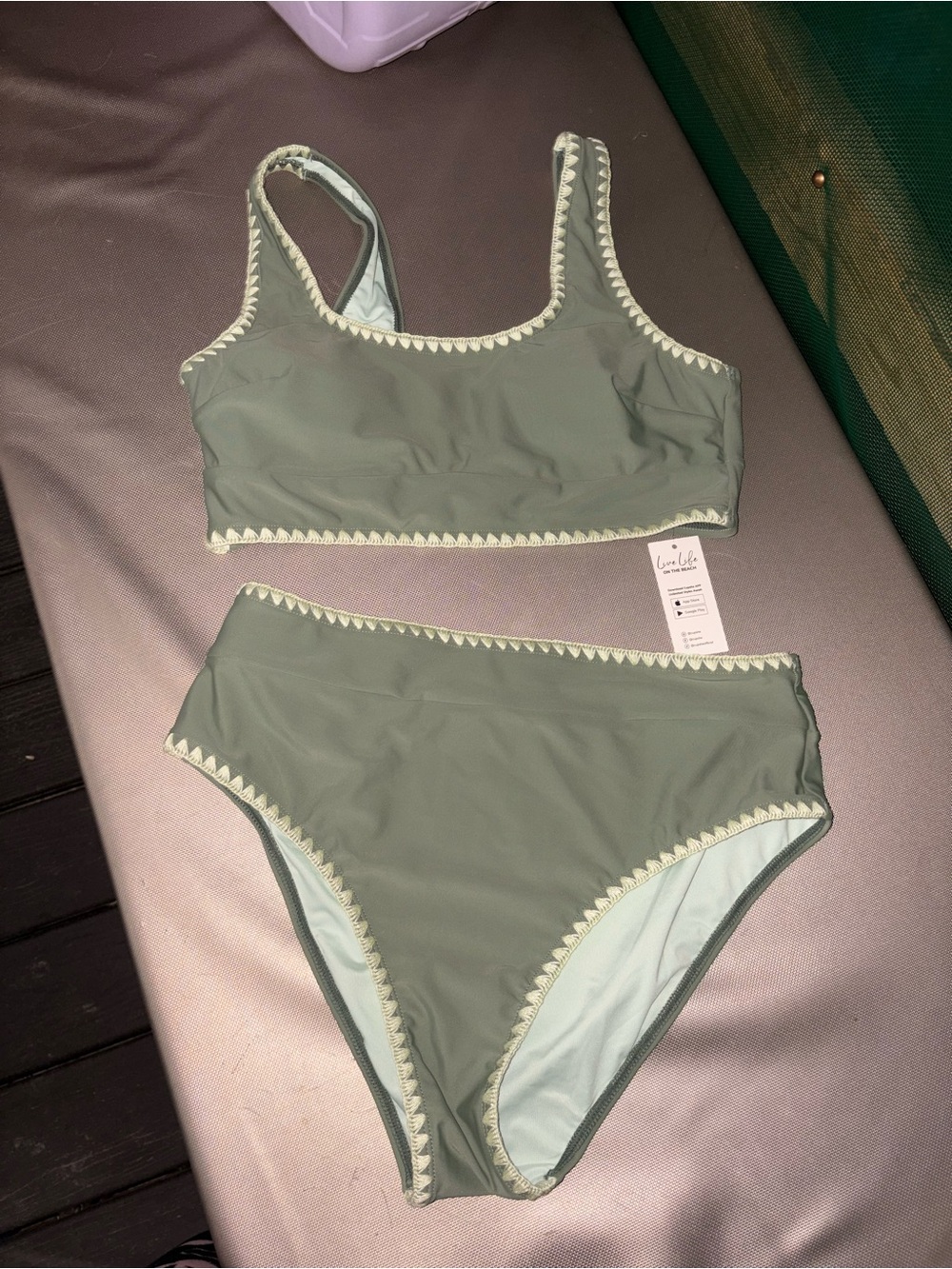 Cupshe Sage Green Crochet-Trim High-Waist Bikini Set